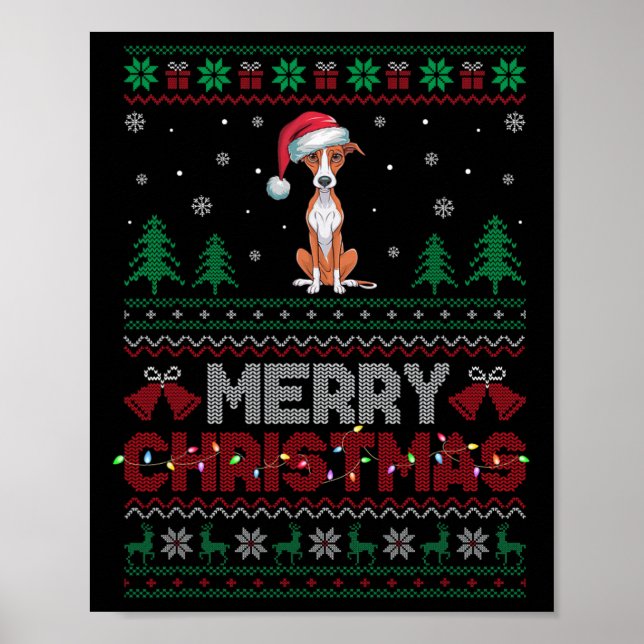 Póster Amantes del perro blanco Santa Hat Iluminan el árb (Frente)