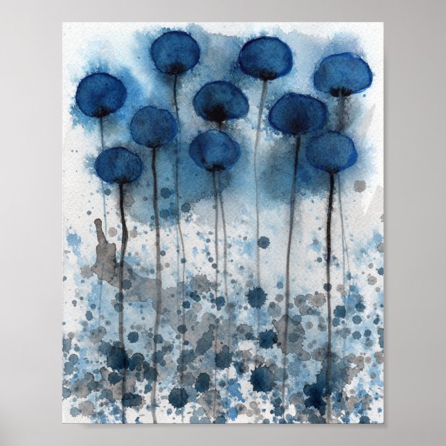 Póster Amapolas Azules de la Marina, Flores de Acuarela e (Frente)