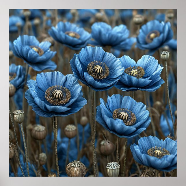 Póster Amapolas Azules Vívidas en Flor (Frente)