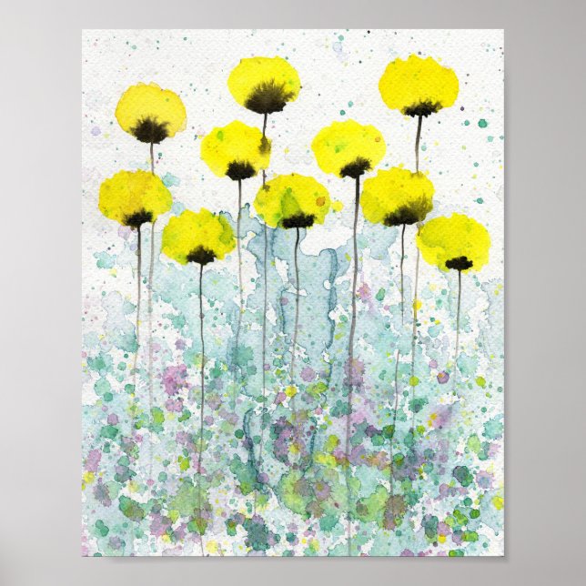 Póster Amapolas Azules y Grises, Flores de Acuarela en la (Frente)