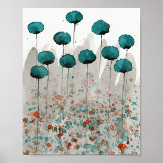 Póster Amapolas Azules y Grises, Flores de Acuarela en Pa