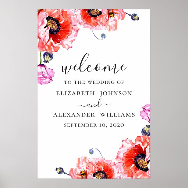 Póster Amapolas. Bienvenida de boda floral roja acuarela (Frente)