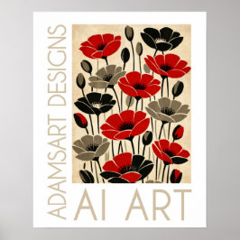 Póster Amapolas Florales Retro Negras y Rojas en Negrita