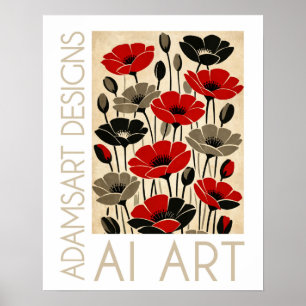 Póster Amapolas Florales Retro Negras y Rojas en Negrita
