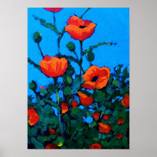 Póster Amapolas rojas brillantes: Cielo azul: Pintura al
