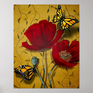 Póster Amapolas rojas con las mariposas amarillas