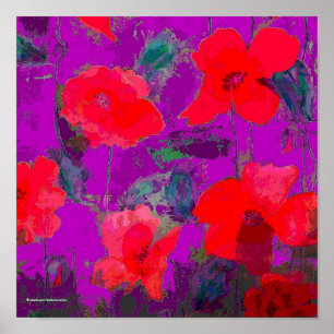 Póster amapolas rojas en fondo púrpura