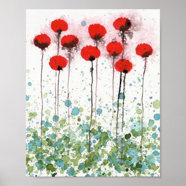 Póster Amapolas Rojas y Acuáticas, Flores de Acuarela en  (Frente)
