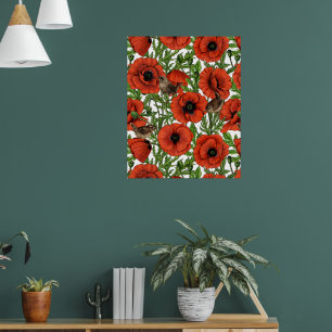 Póster Amapolas rojas y chochines, hojas verdes sobre bla