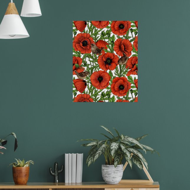 Póster Amapolas rojas y chochines, hojas verdes sobre bla (Salón 1)