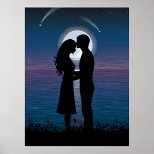 Póster Amar A La Pareja De Silhouette Romance En La Costa