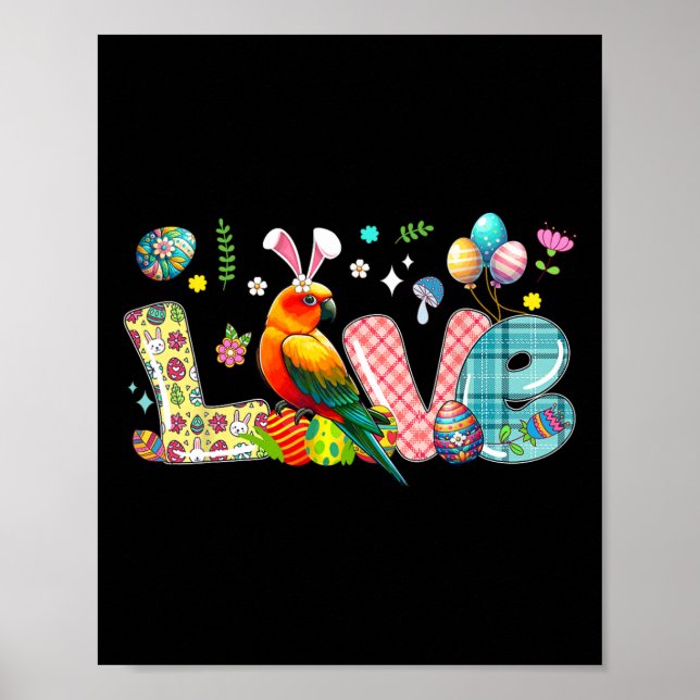 Póster Amar al conejo de Pascua Sun Conure cazando flores (Frente)
