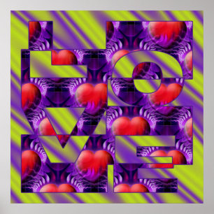 Póster AMAR corazones - ondas violetas de color verde cla