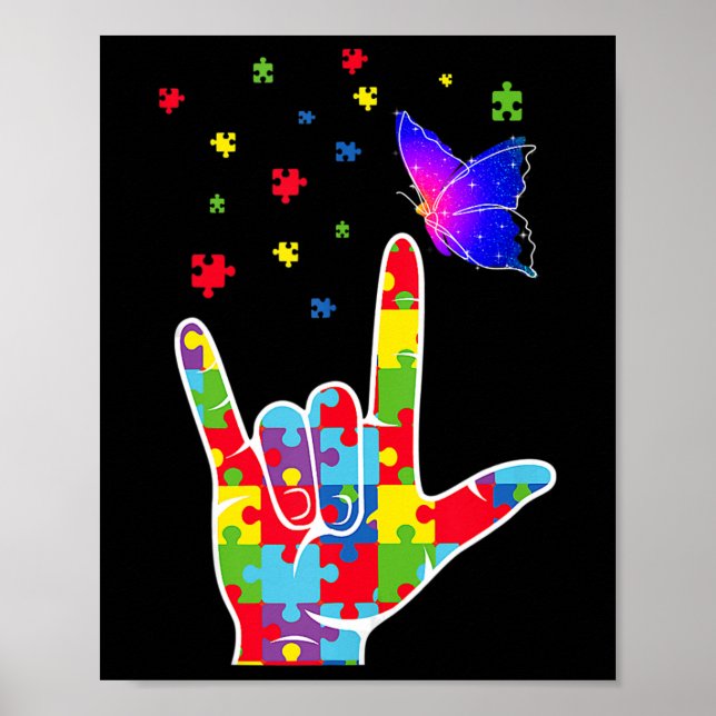 Póster Amar el Rótulo ASL Idioma rompecabezas Autismo mar (Frente)