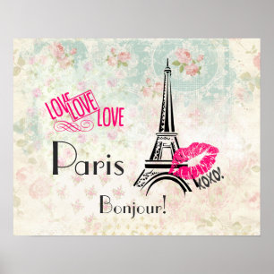 Póster Amar París con la Torre Eiffel en un patrón vintag