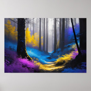 Póster Amarillo azul encantado y bosque oscuro morado
