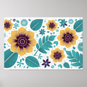Póster Amarillo Brillante y Floral en Verde Azulado sobre