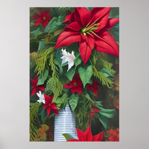 Póster Amaryllis Rojo y Poinsettia con pino Bouquet