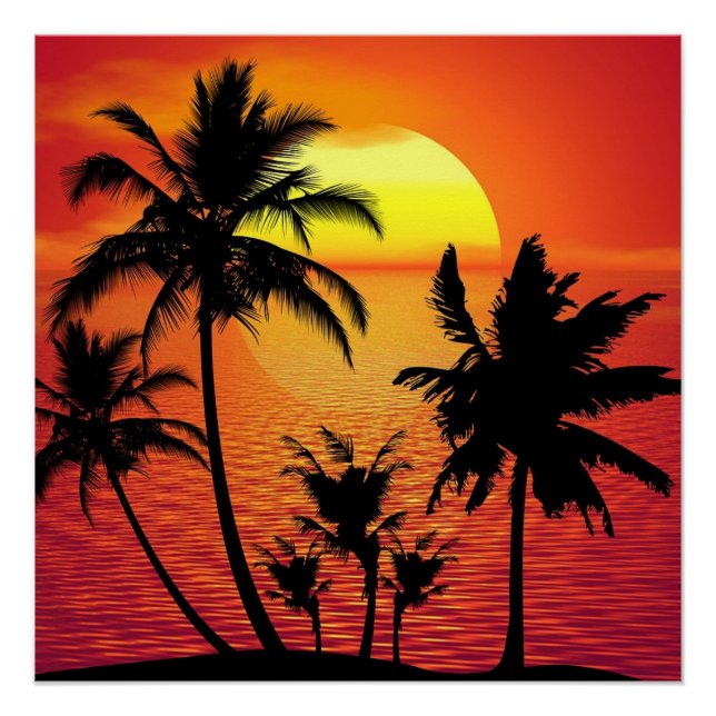 Póster Amazing sunset with palms on tropical beach (Anverso)