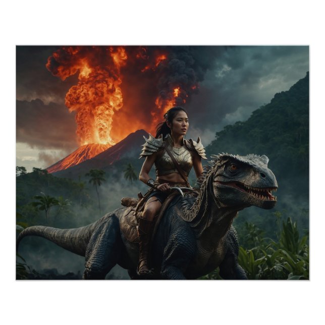 Póster Amazone auf Dinosaurier vor Vulkan – Epische Fant (Anverso)