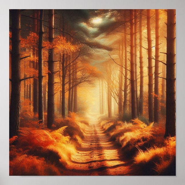 Póster Amber Forest Path with Sunbeams – Autumn Poster  (Frente)
