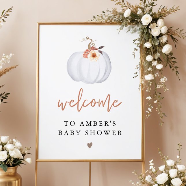 Póster AMBER White Pumpkin Fall Baby Shower Welcome (Terracotta Floral White Pumpkin Baby Shower Welcome Sign)