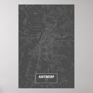 Póster Amberes, Bélgica (blanco sobre negro)