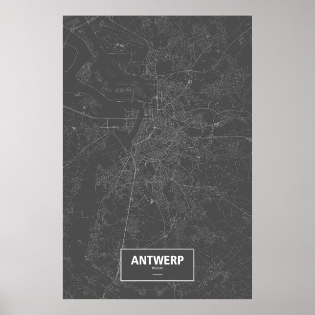 Póster Amberes, Bélgica (blanco sobre negro) (Frente)