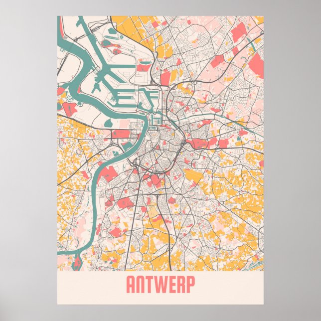 Póster Amberes - Bélgica Mapa de la ciudad de Chalk (Frente)