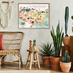 Póster América   Mapa ilustrado de EE. UU. en acuarela
