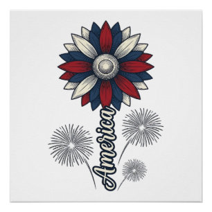 Póster América Patriótica Flor Fuegos Artificiales Diseño