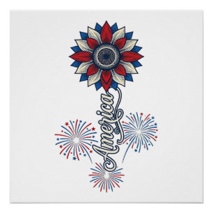 Póster América Patriótica Flores Fuegos Artificiales Dise