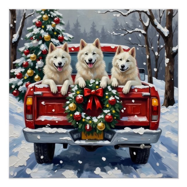 Póster American Eskimo Dog Christmas Red Truck Holiday (Anverso)