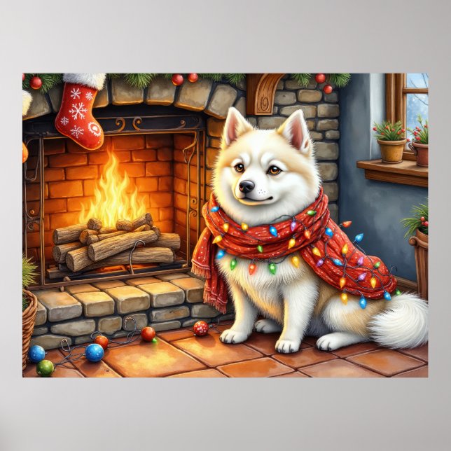 Póster American Eskimo Fireplace with Christmas Lights (Frente)