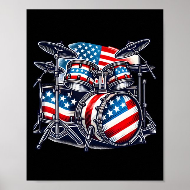 Póster American Flag Drum Drumset Usa Patriotic Drummer 4 (Frente)