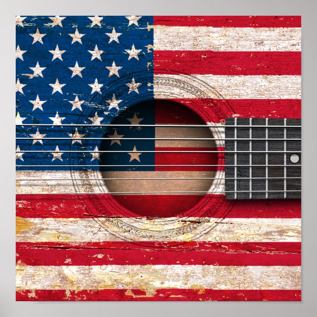 Póster American Flag on Old Acoustic Guitar (Frente)