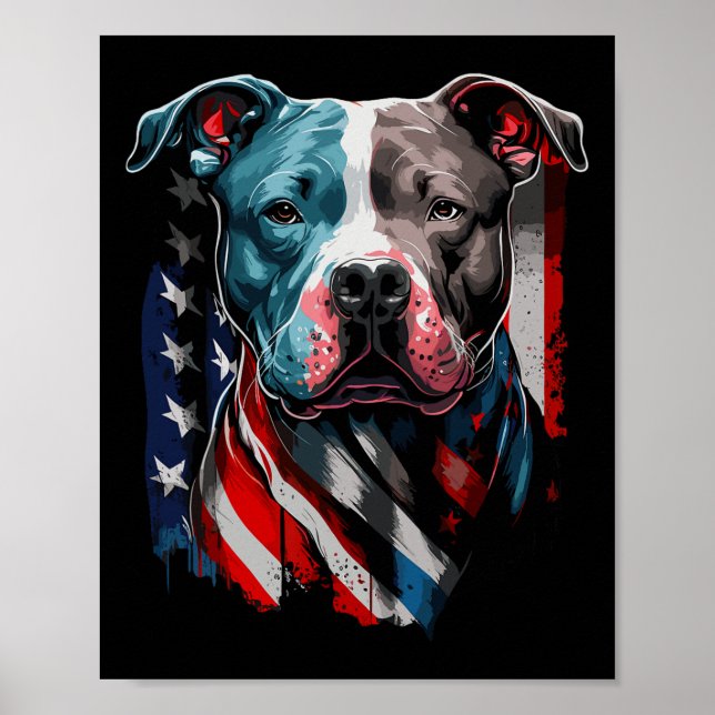 Póster American Pitbull Terrier Usa Flag Patriotic Dog  (Frente)