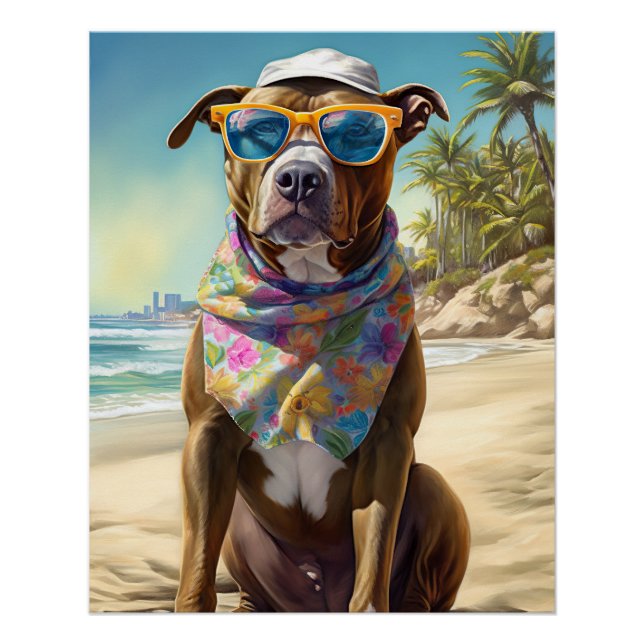 Póster American Staffordshire en la playa, regalo de vera (Anverso)