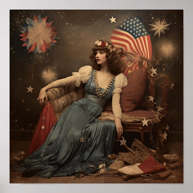 Póster Americana Mujer de Año Nuevo con bandera (Frente)