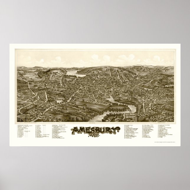 Póster Amesbury, MAMÁES Mapa Panorámico - 1890 (Frente)
