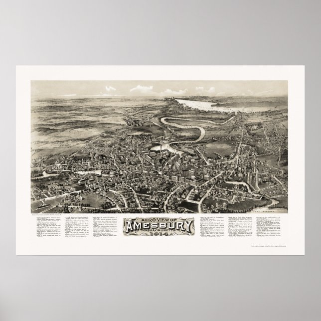Póster Amesbury, MAMÁES Mapa Panorámico - 1914 (Frente)