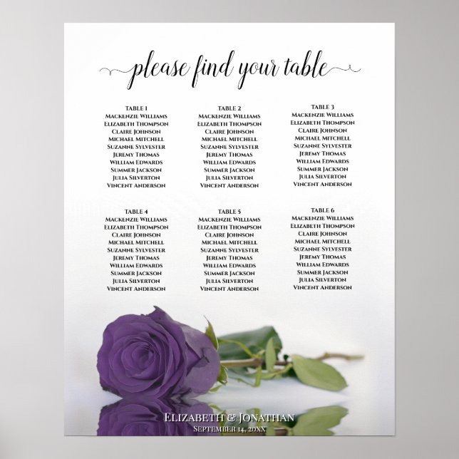 Póster Amethyst Purple Rose 6 Table Wedding Seating Chart (Frente)