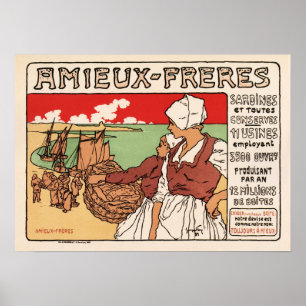 Póster AMIEUX-FRERES pescadores de sardina francés antigu