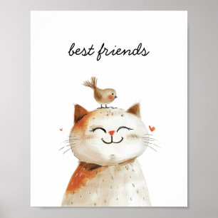 Póster Amigos Cuartel General Acuarela de Gatos y Pájaros