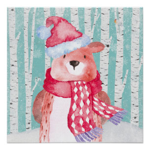 Póster Amigos de animales de bosque en bosque de invierno