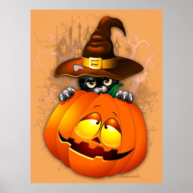 Póster Amigos de Halloween con gatos y calabazas de bruja (Frente)