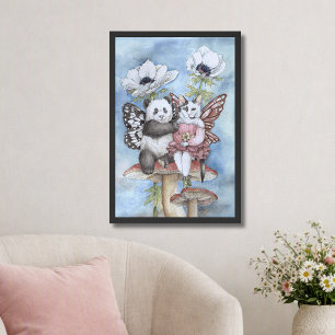 Póster Amigos hada Panda y Gato con Flores de Anémona
