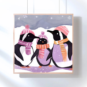 Póster Amigos Pingüinos de Navidad   Acuarela de Invierno