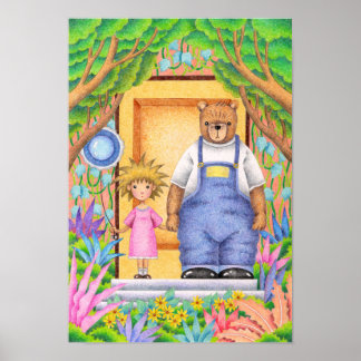 Póster Amistad entre un oso y una niña.