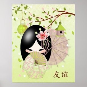 Póster Amistad, muñeca de Kokeshi en mezclas del verde de